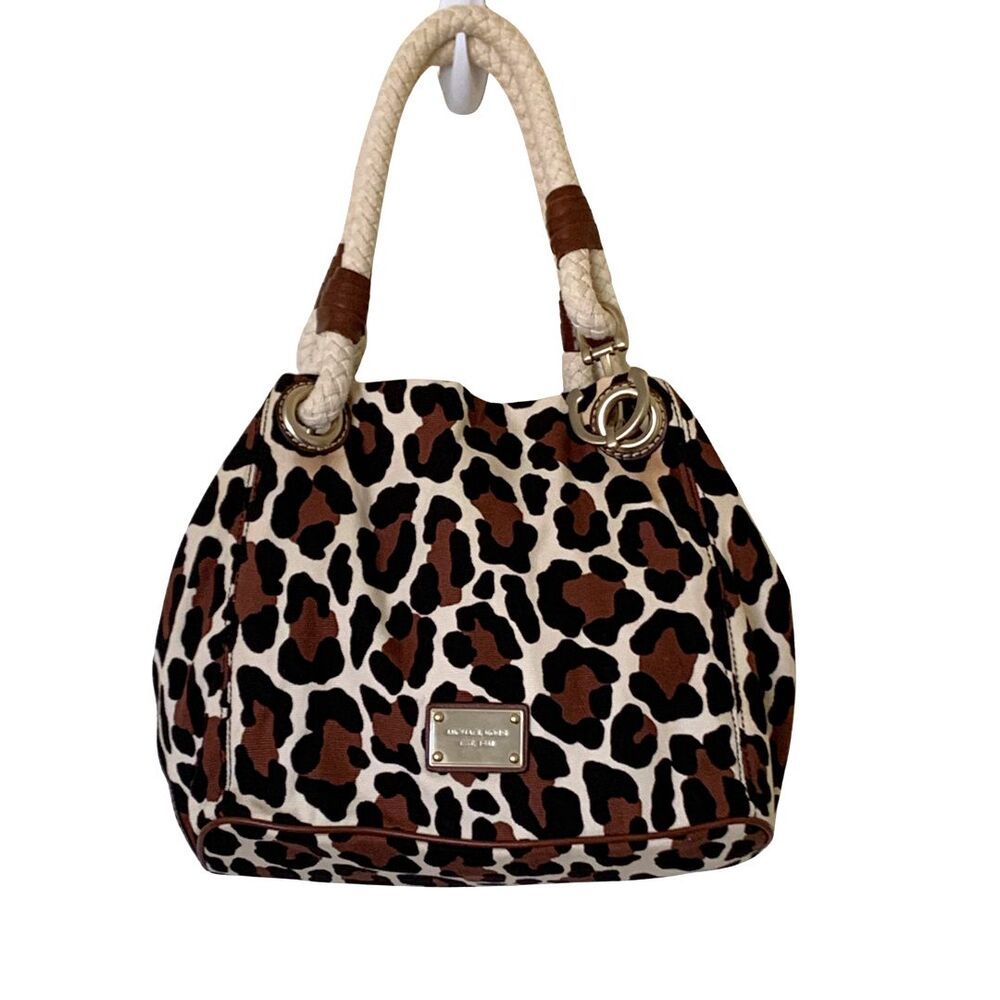 Michael Kors Leopard Print Canvas Shoulder Bag Braided Rope Handle Purse
